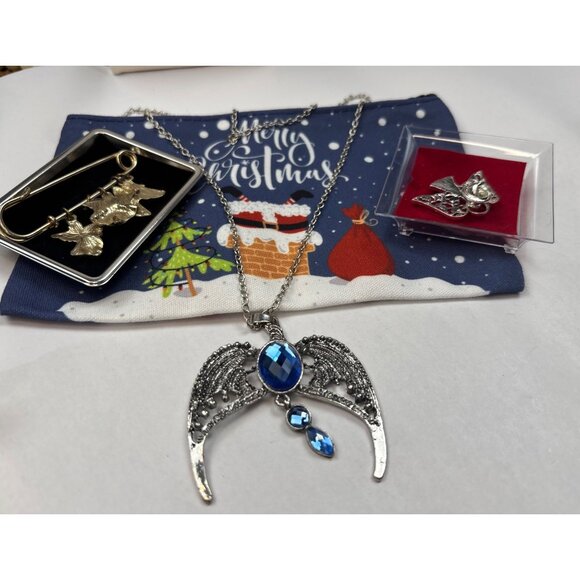 Angel-Themed Christmas Jewelry Gift Set: Blue Gem Necklace Angel Pin & Brooch Fe - Picture 5 of 6